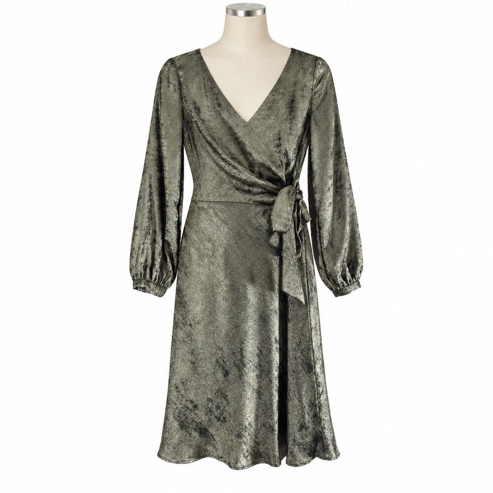 NWT Lauren Ralph Lauren Metallic Gold Faux Wrap Dress Size 10 Tie Waist